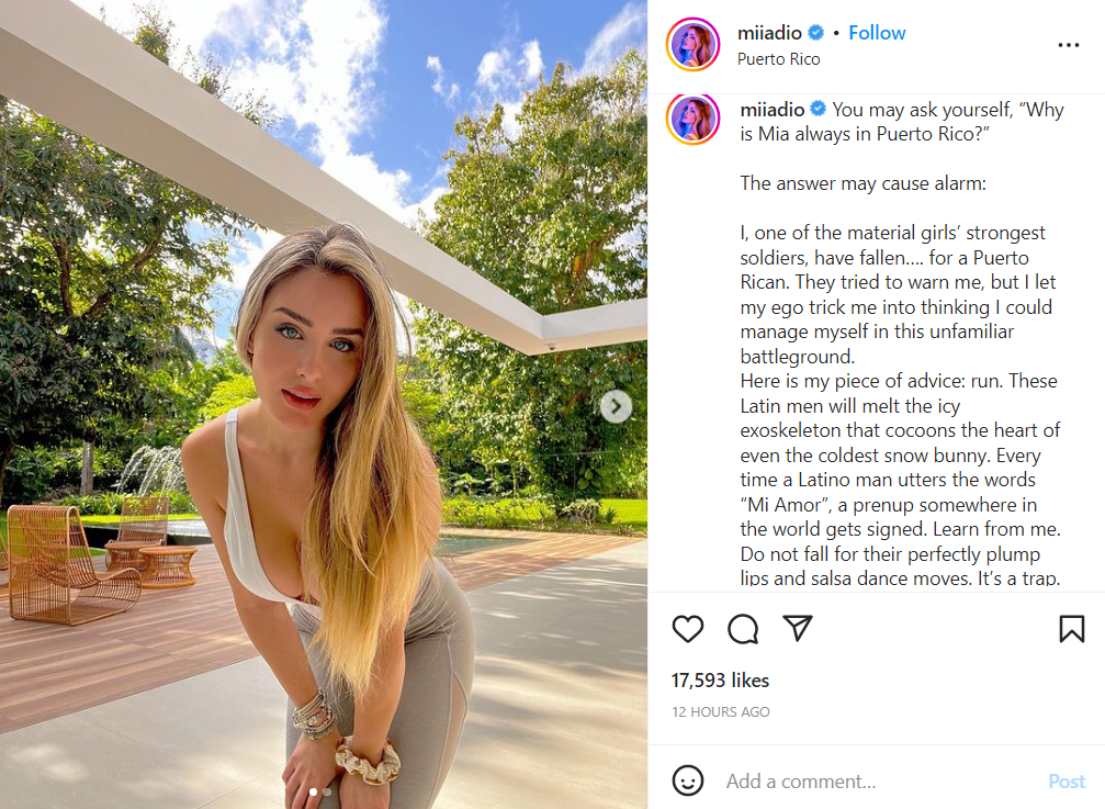 Mia Dio revealed she has a Puerto Rican boyfriend. 