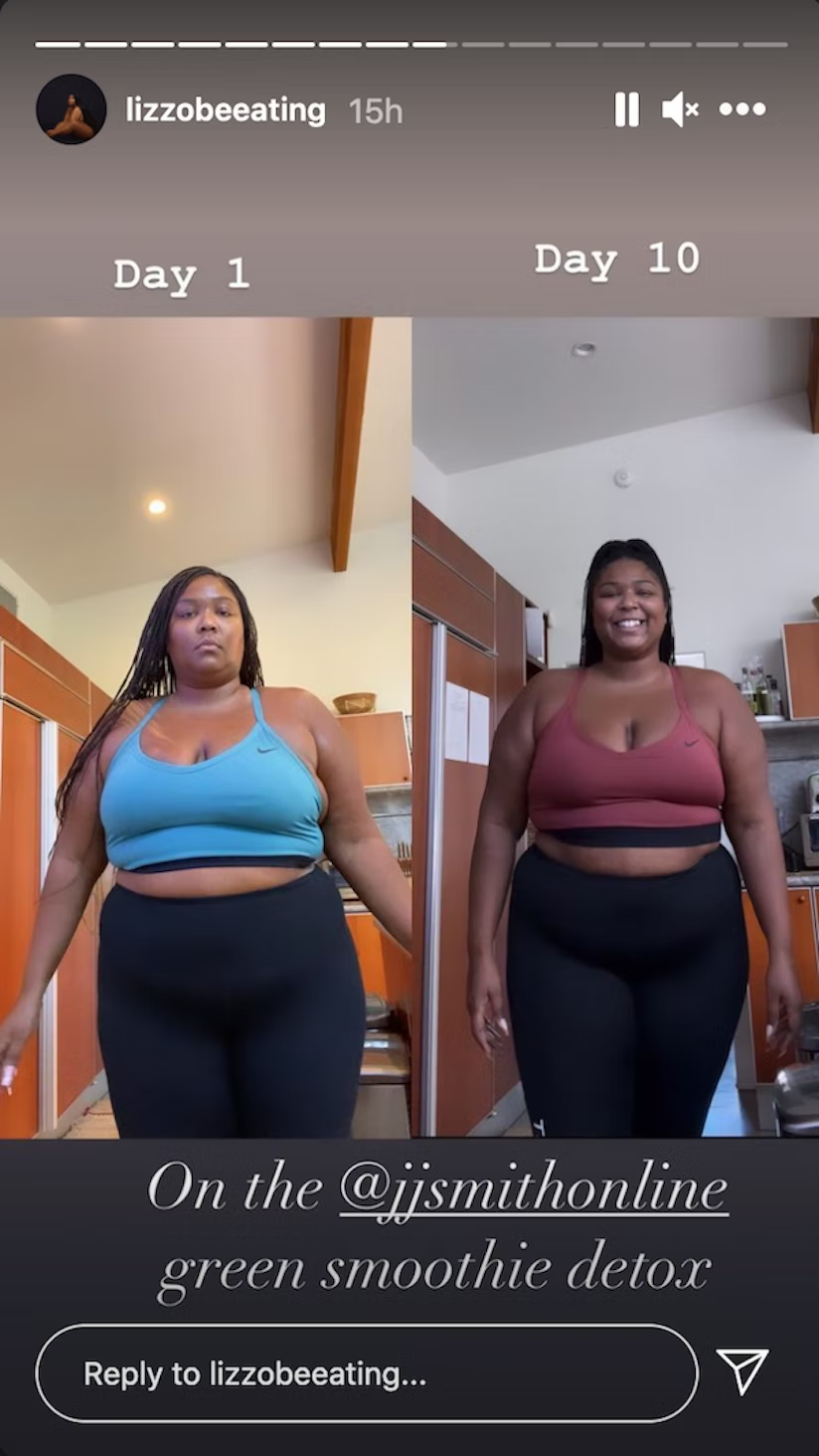 Lizzo's before and after photos during weight loss journey.