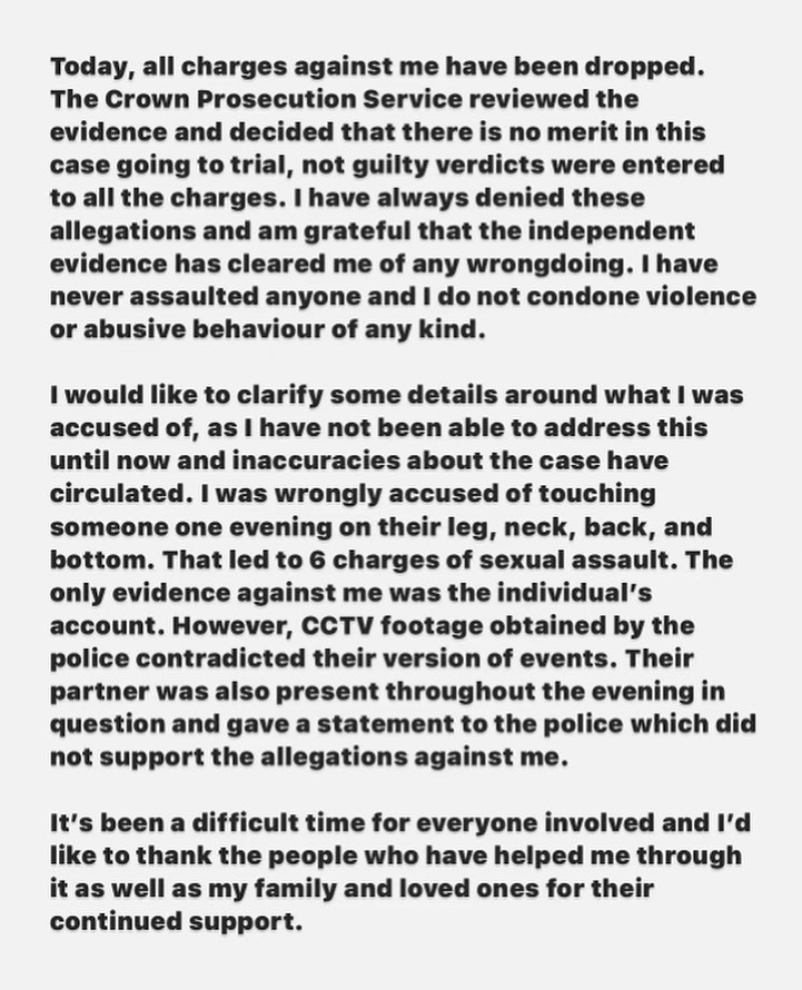The statement released by Rex Orange County where he announced all charges against him were dropped