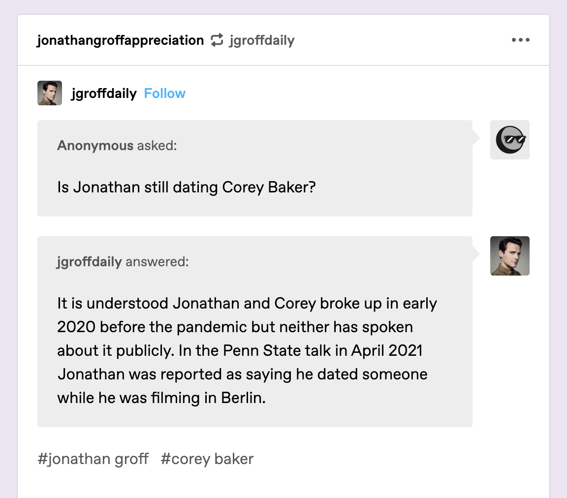 It seems like Jonathan Groff is no longer dating his boyfriend, Corey Baker.