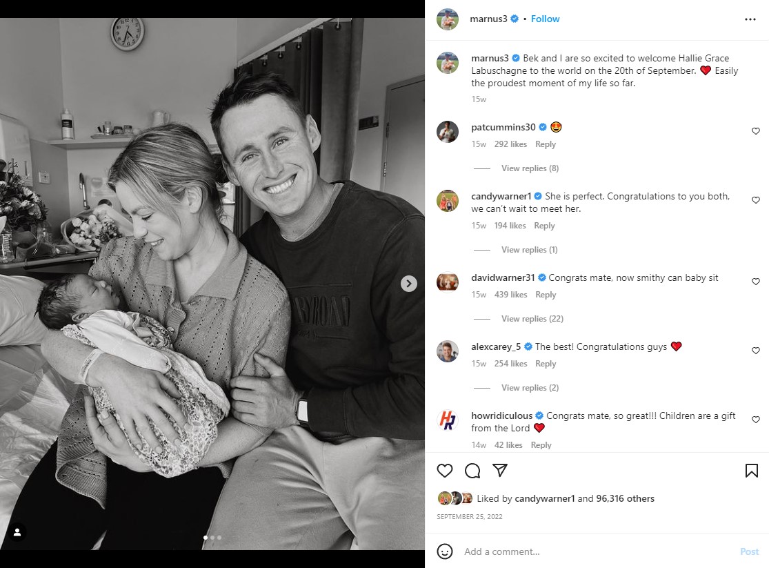 Marnus Labuschagne announces the birth of his baby daughter to the world