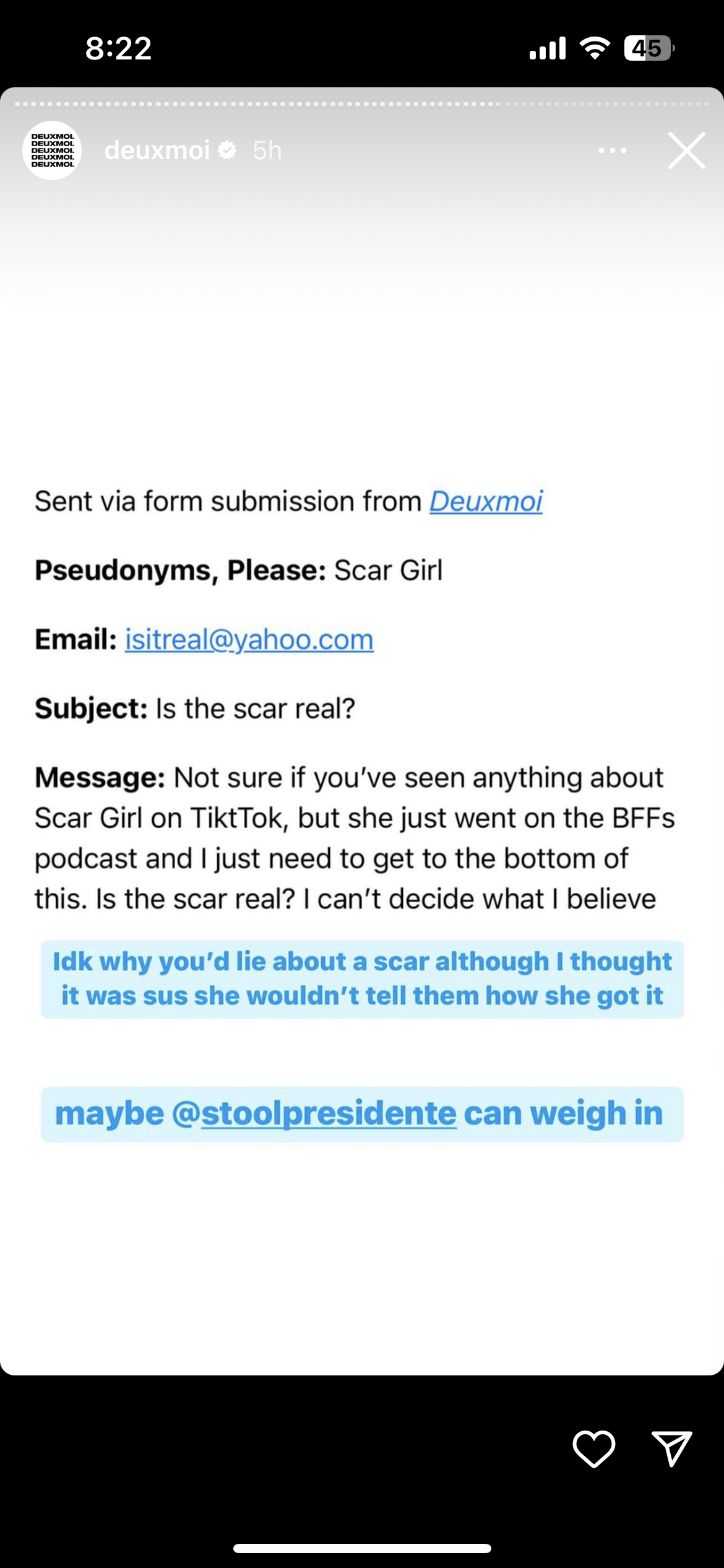 Deuxmoi addressed the controversies behind Scar Girl's scar. 
