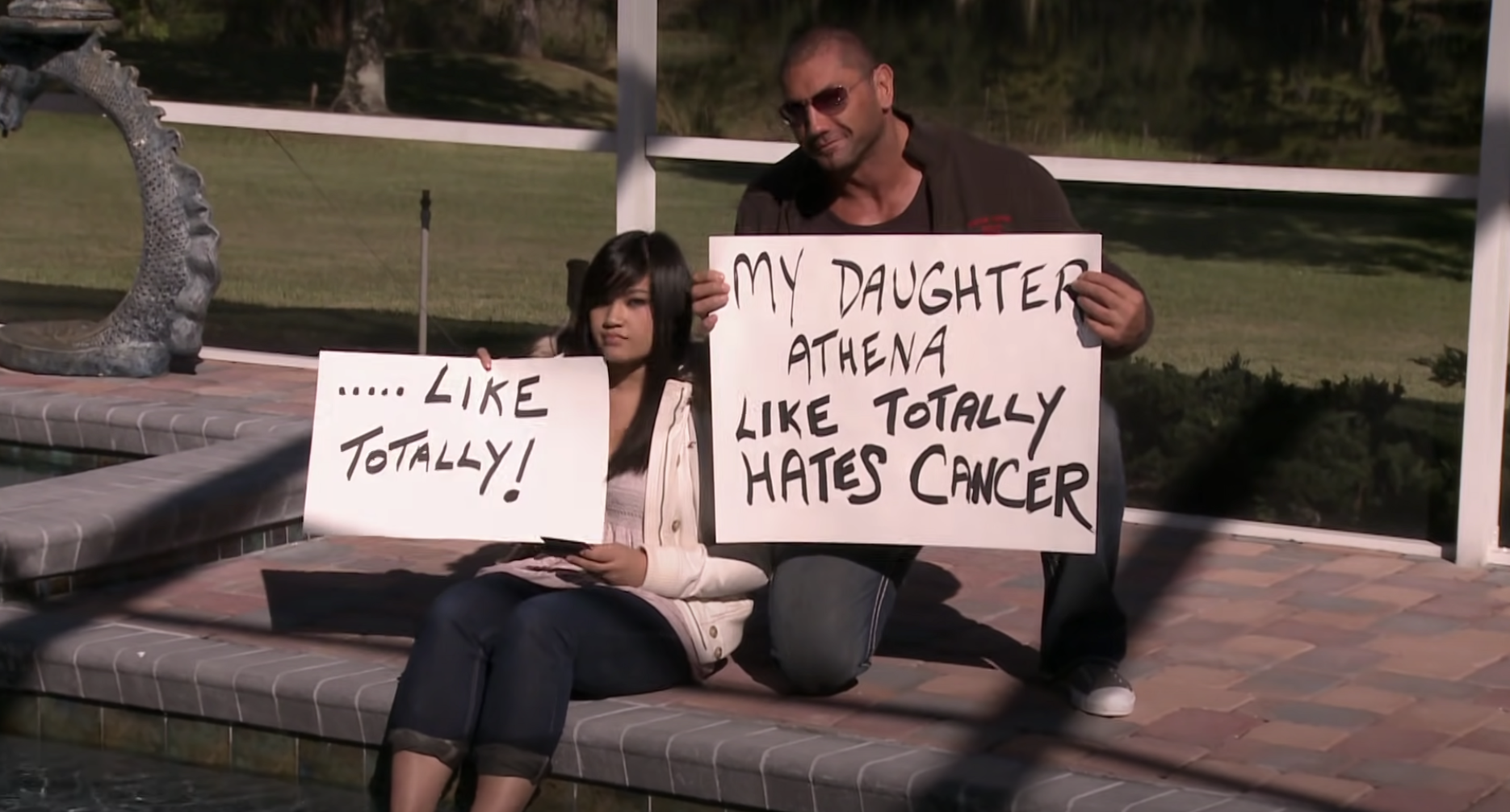 Dave Bautista and his daughter Athena Bautista during the Bautista vs. Cancer campaign. (Source: YouTube)