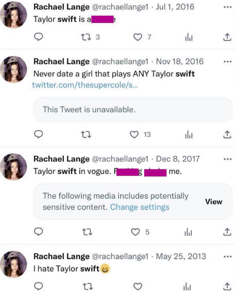 Rachael Lange's statement regarding Taylor Swift. 