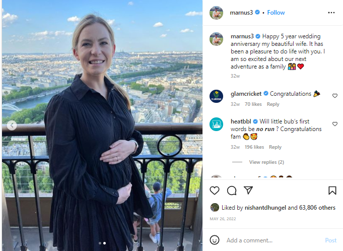 Marnus Labuschagne revealed his wife's pregnancy via an Instagram post