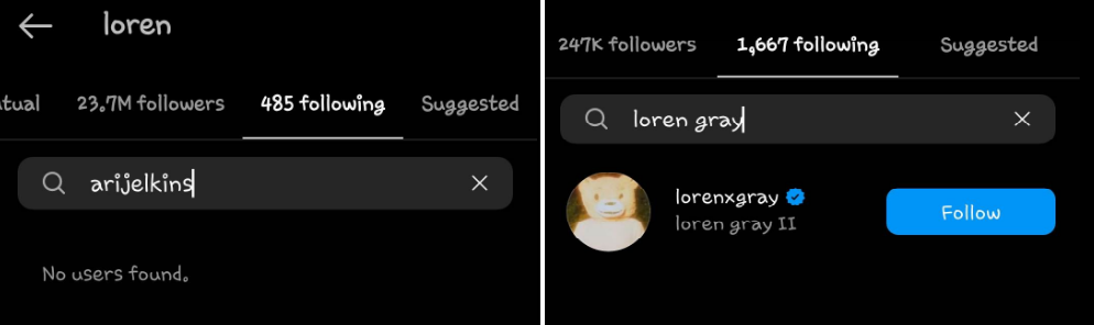 Loren Gray and Ari Elkins stopped following on their official account. 
