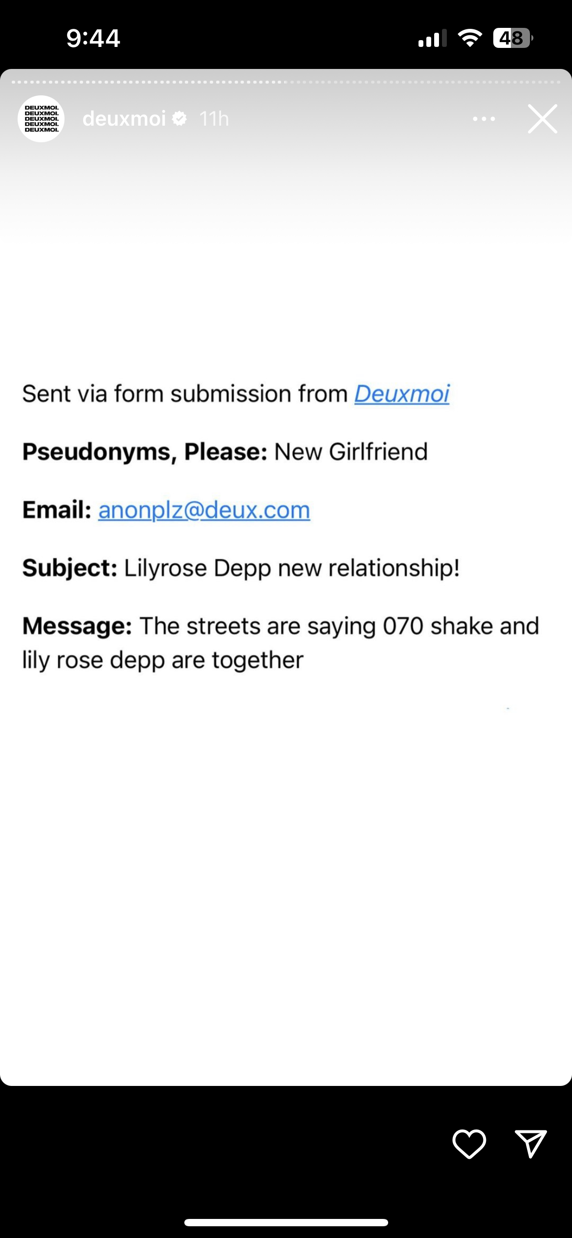 DeuxMoi reported that Lily-Rose Depp was dating 070 Shake.