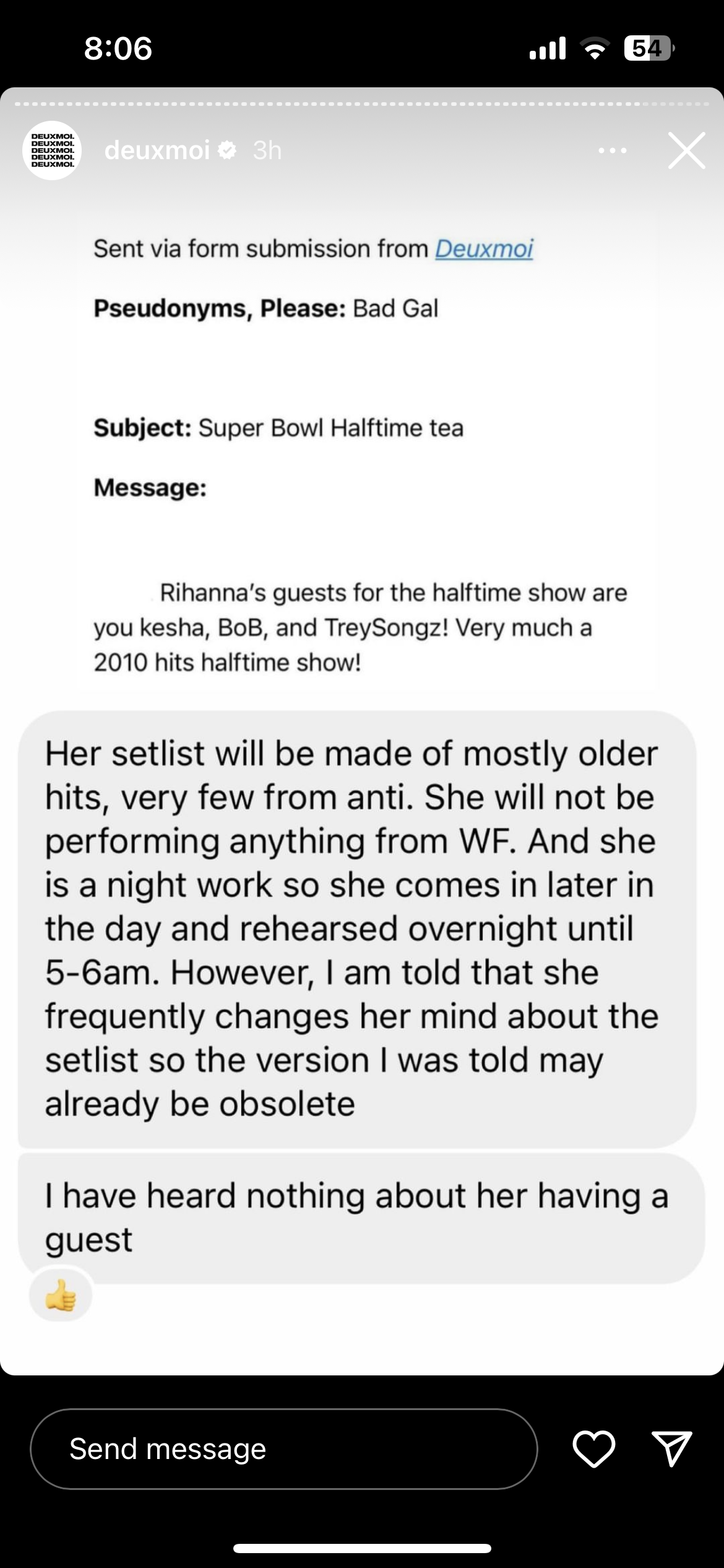 Deuxmoi's report on Rihanna's set list and guests.