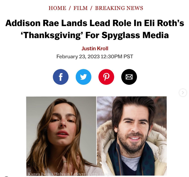 Addison Rae lands the lead role in Eli Roth's horror movie Thanksgiving.