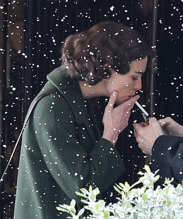 Keira Knightley captured smoking while filming an outdoor scene of Boston Strangler. 