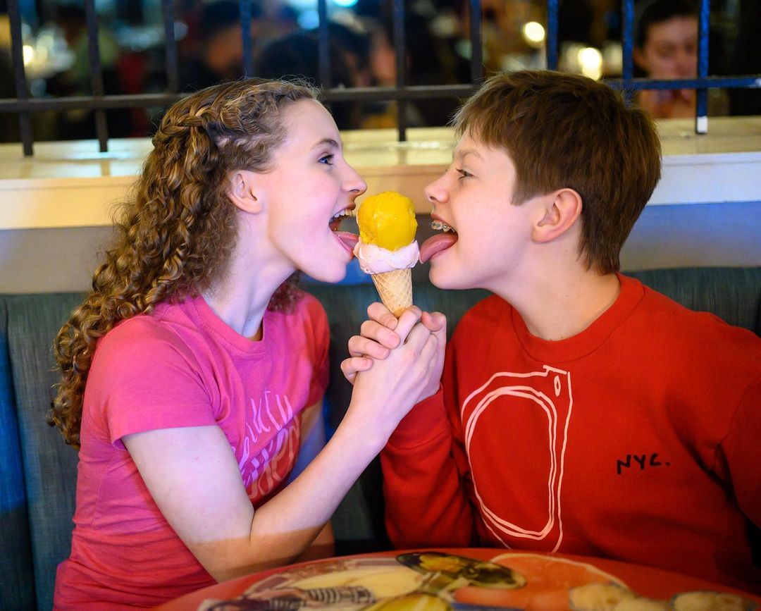 Hudson Matter and Rachel Quiner sharing an ice cream