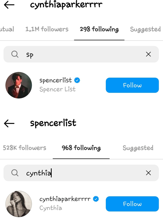 Cynthia Parker and Spencer List still follow each other.