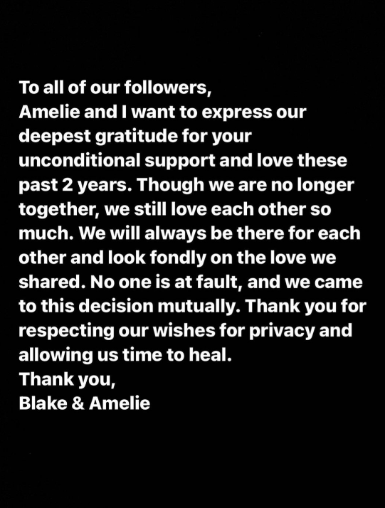 Blake Gray posted joint statement about his break up with Amelie Zilber. 