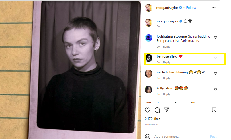 Boyfriend Ben Rosenfield commented on Morgan Saylor's photo 