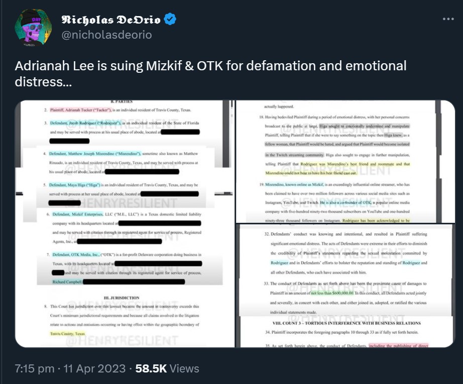 Adrianah Lee sued Mizkif and OTK for the 2022 incident. 