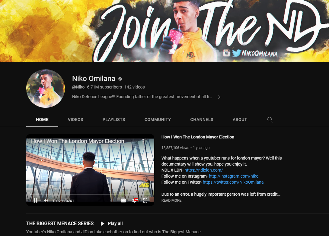 Niko Omilana has over six million YouTube subscribers. 