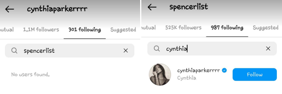Cynthia Parker unfollowed Spencer List from her Instagram. 