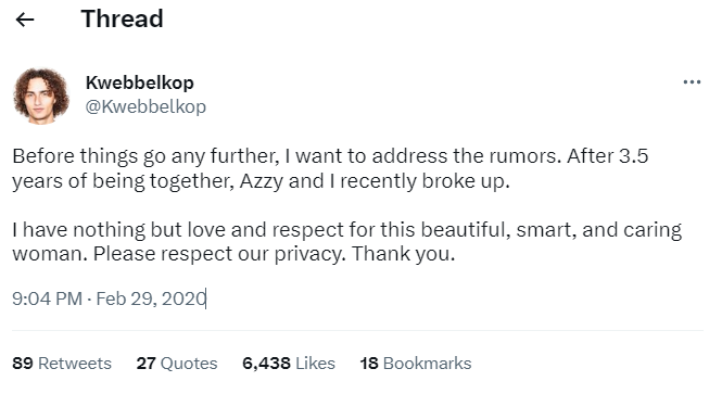 Kwebbelkop announced his breakup with AzzyLand. 