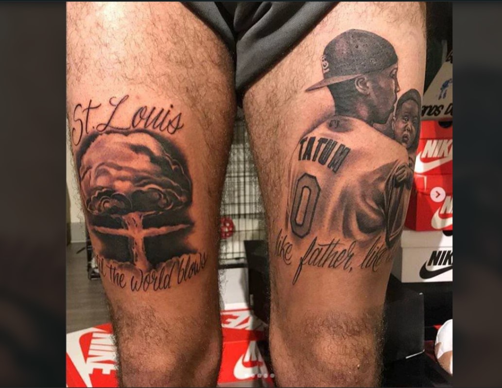 Jayson Tatum has two large tattoos on his thigh. 