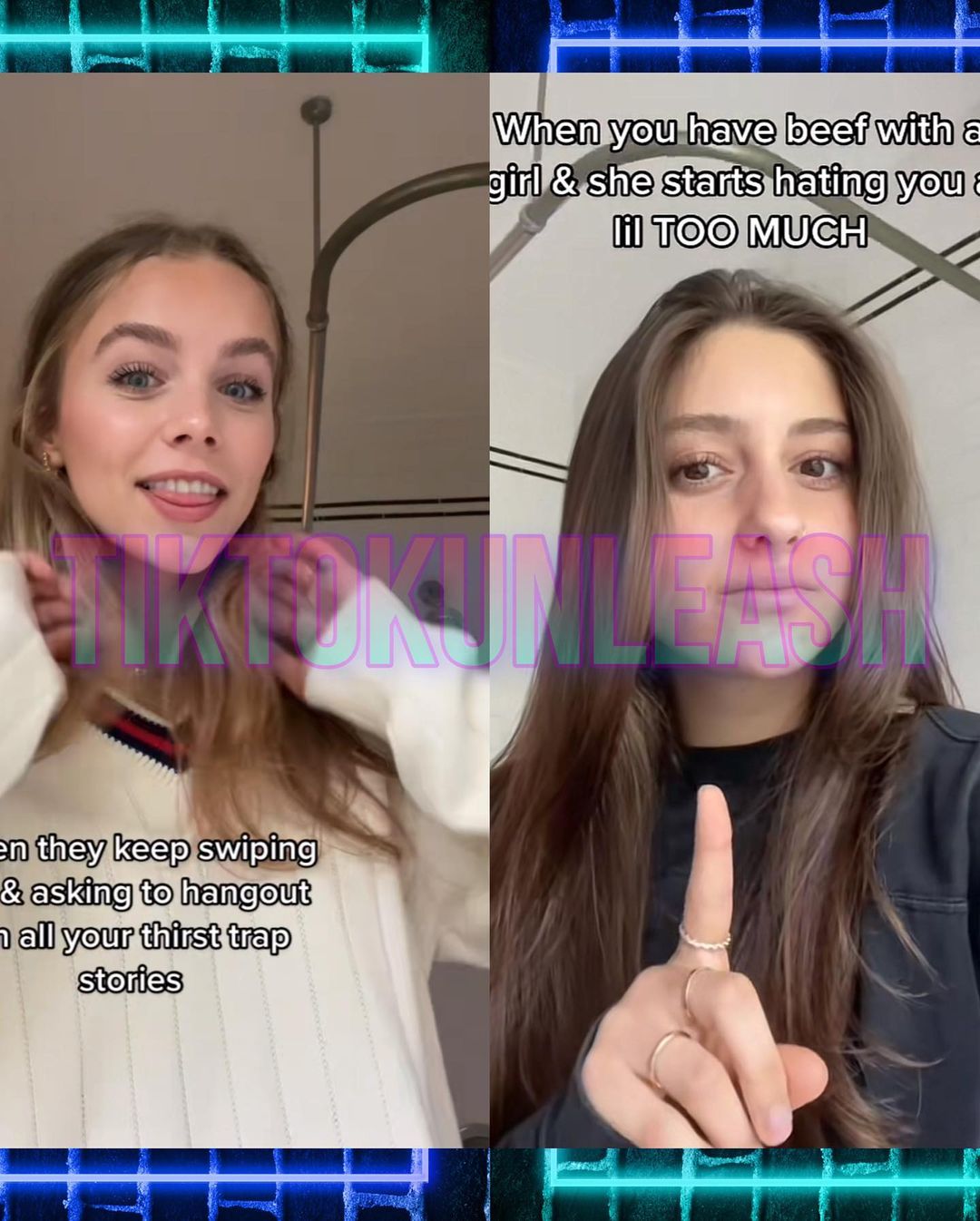 Screenshot of Anna Shumate [left] and Soph Mosca's [right] TikTok videos with the same background