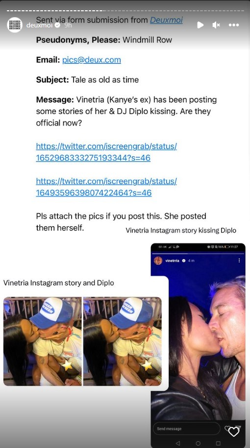 Deuxmoi's response to a fan enquiring about DJ Diplo's relationship with Vinetria. 