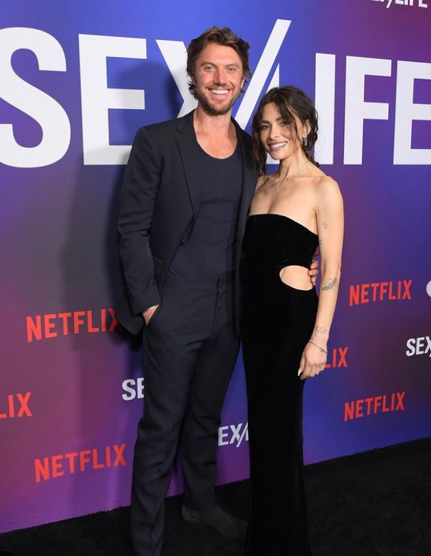 Adam Demos and Sarah Shahi at the Sex/Life season 2 premiere in Los Angeles in February 2023. 