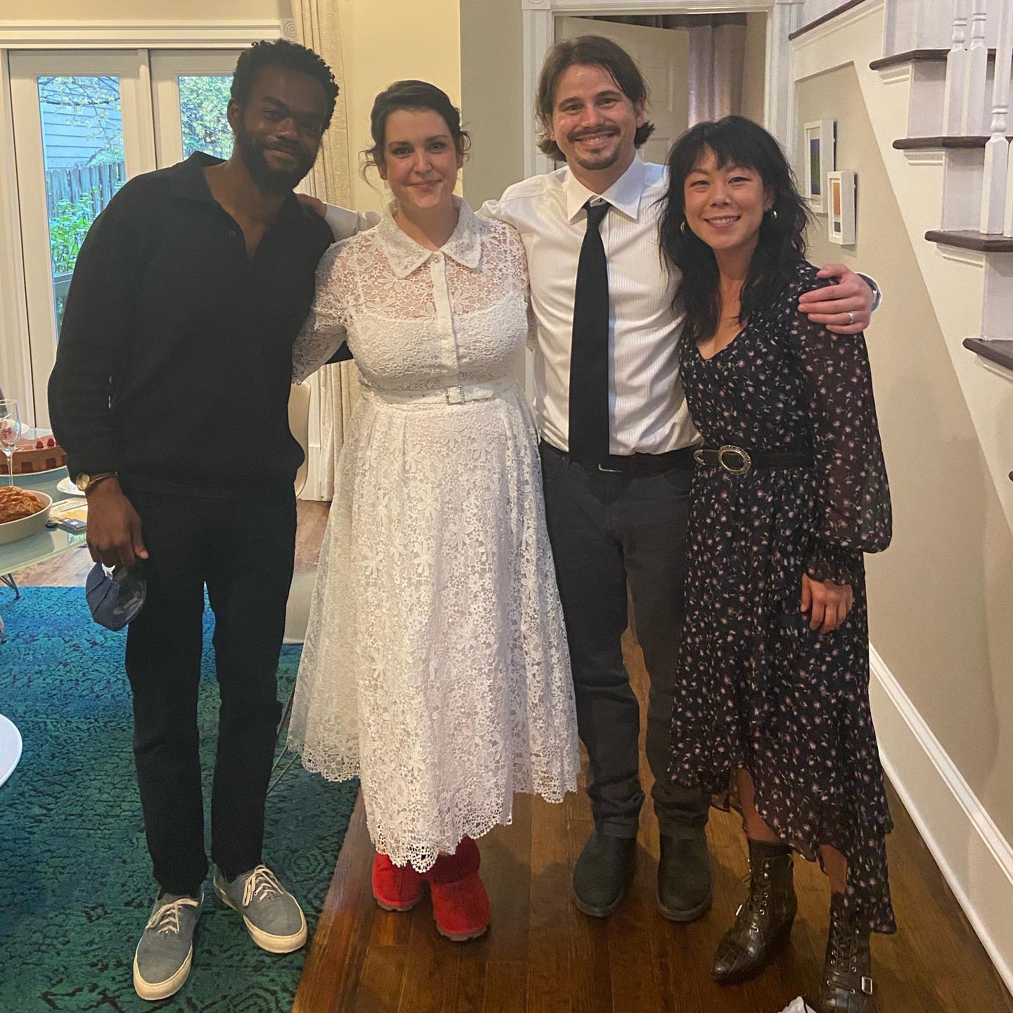 Melanie Lynskey with her husband, Jason Ritter, and their friends at their wedding ceremony