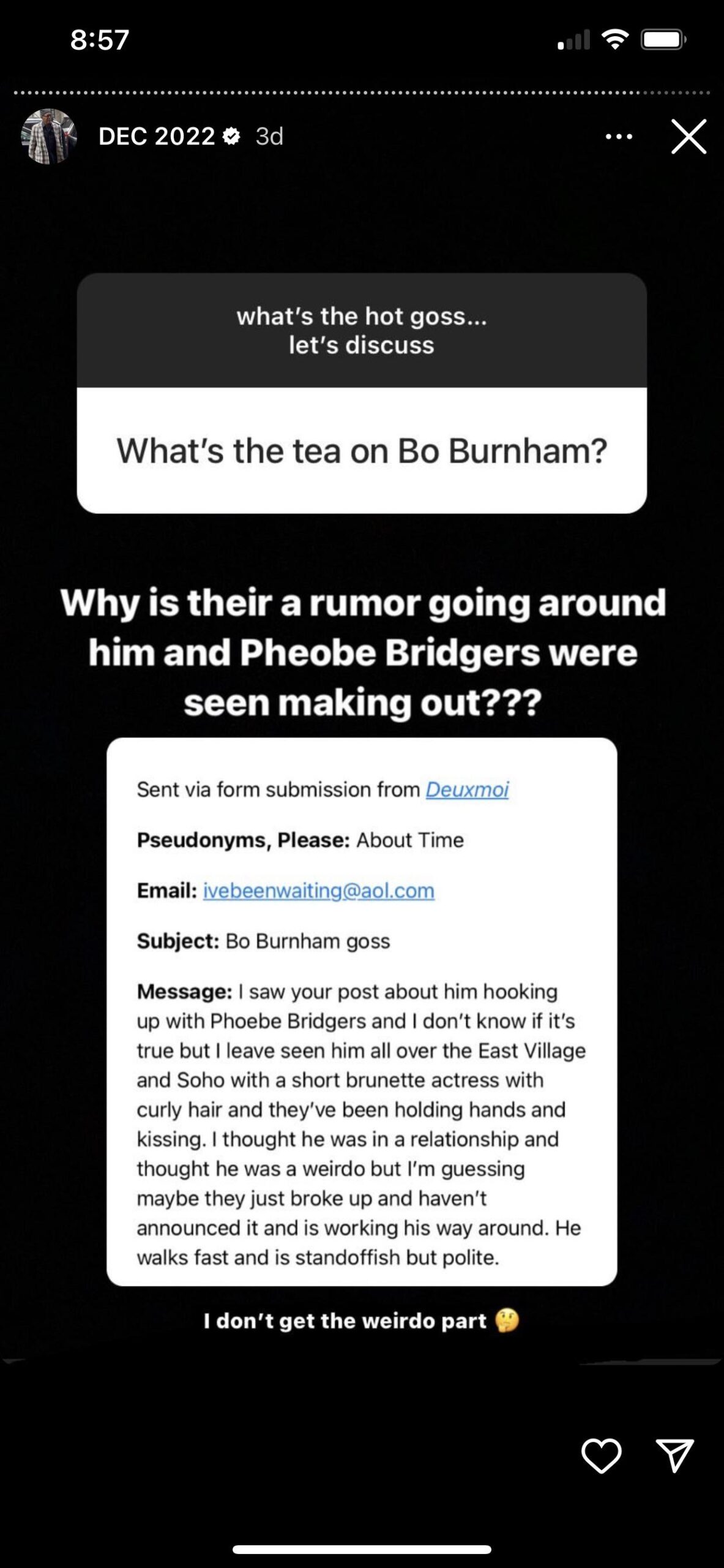 A DeuxMoi tipster claiming Bo Burnham was hooking up with Pheobe Bridgers