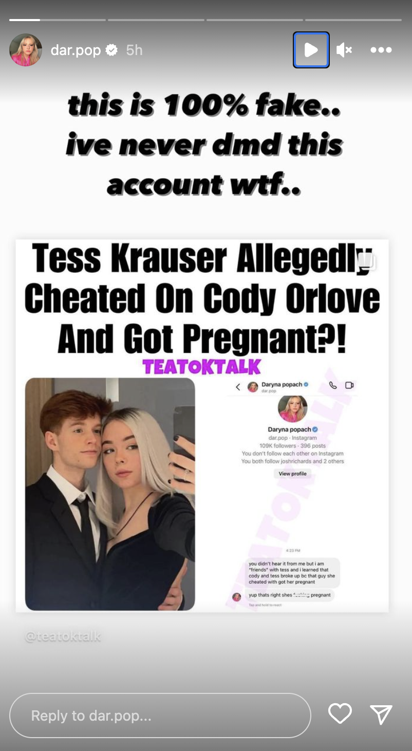 Daryna Popach’s IG stories claim that she never exposed Tess Krauser.