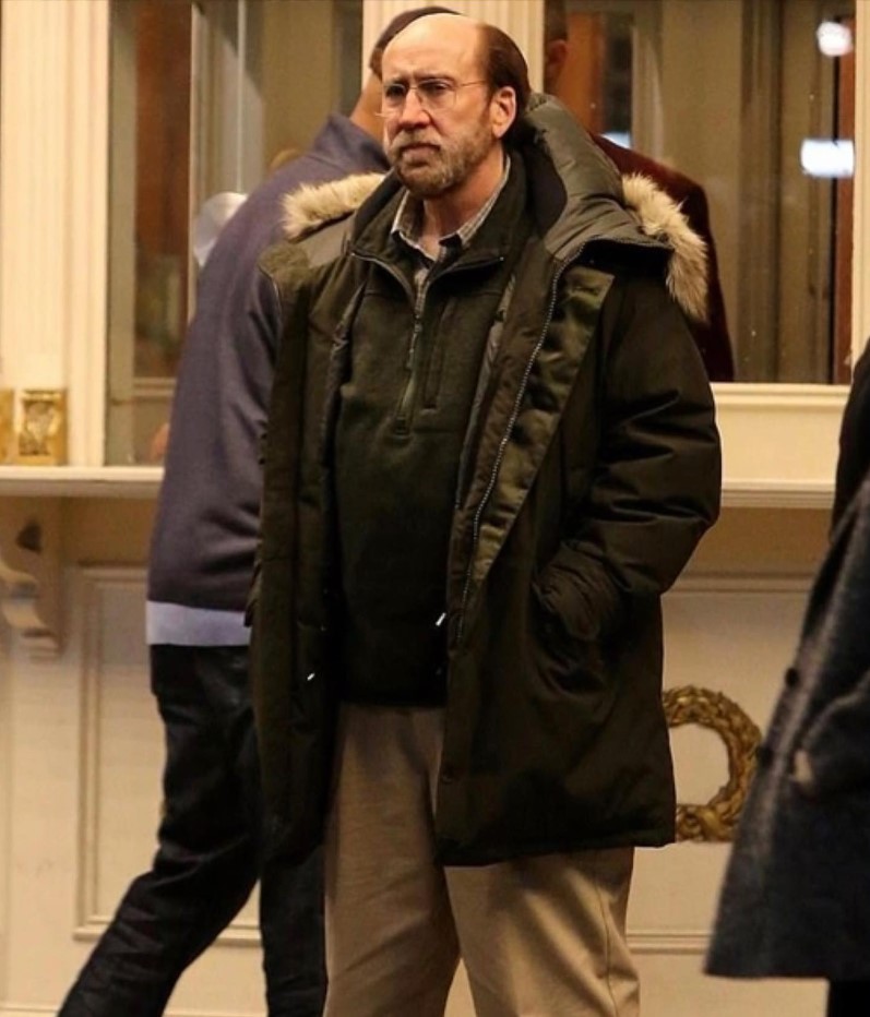 A bald Nicolas Cage during the filming of his upcoming movie 'Dream Scenario'