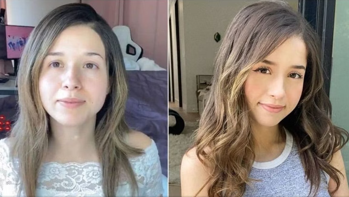 Comparison photo of Pokimane with and without makeup. 