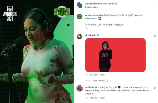 Rich the Kid's Baby Mommy Tori Brixx raps freestyle for the BET Awards