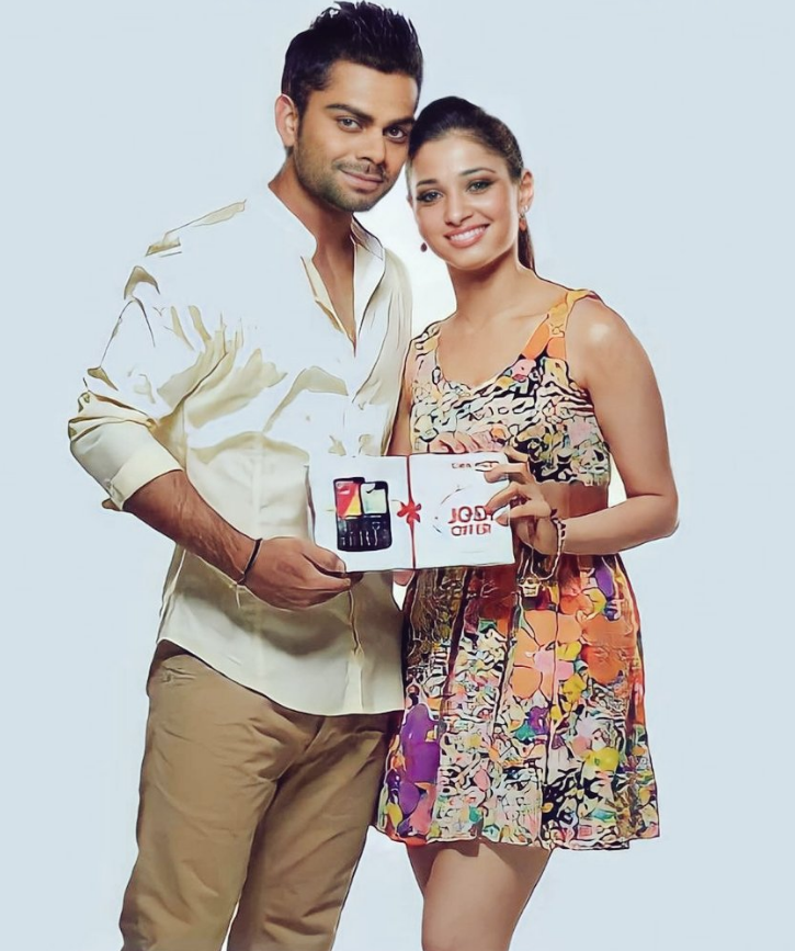 Tamannaah Bhatia with Virat Kohli during the filming of a mobile advertisement. 