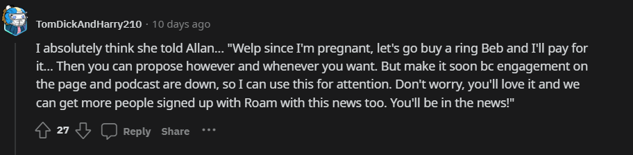 A Reddit user's opinion on Jana Kramer's alleged pregnancy with fiance Allan Russell. 