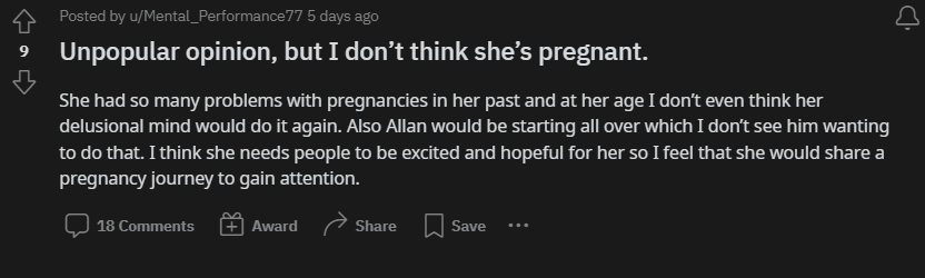 A Reddit user's opinion on Jana Kramer's alleged pregnancy. 