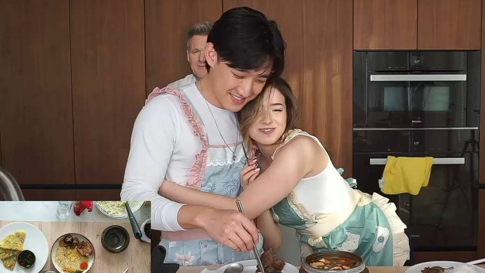 Pokimane and her rumored boyfriend, Kevin Kim, during a cooking live stream
