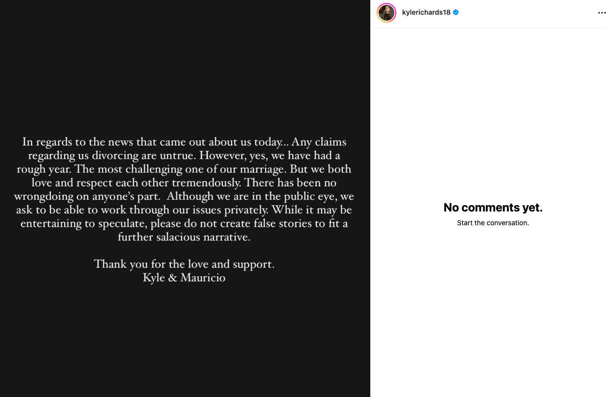 Kyle Richards and Mauricio Umansky deny divorce rumors. (Source: Instagram)