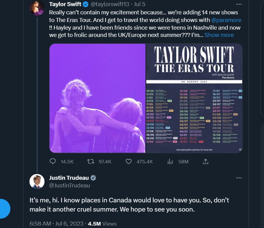 Justin Trudeau responded to Taylor Swift's tweet, inviting her to come to Canada.