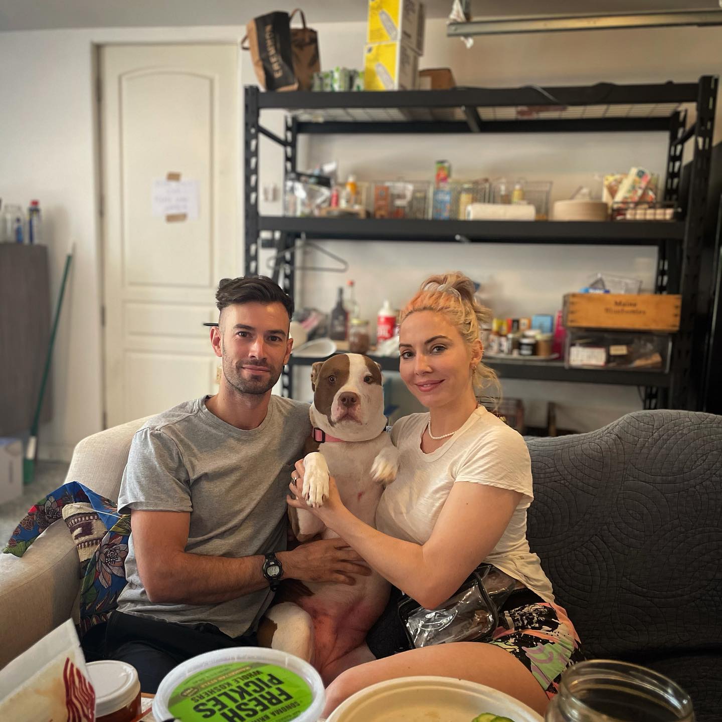 Whitney Cummings and her boyfriend, Alex Barnes, with their pet dog Daisy