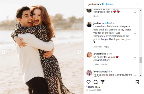 Jordan Clark replied to her fan's overwhelming comments on her engagement announcement post
