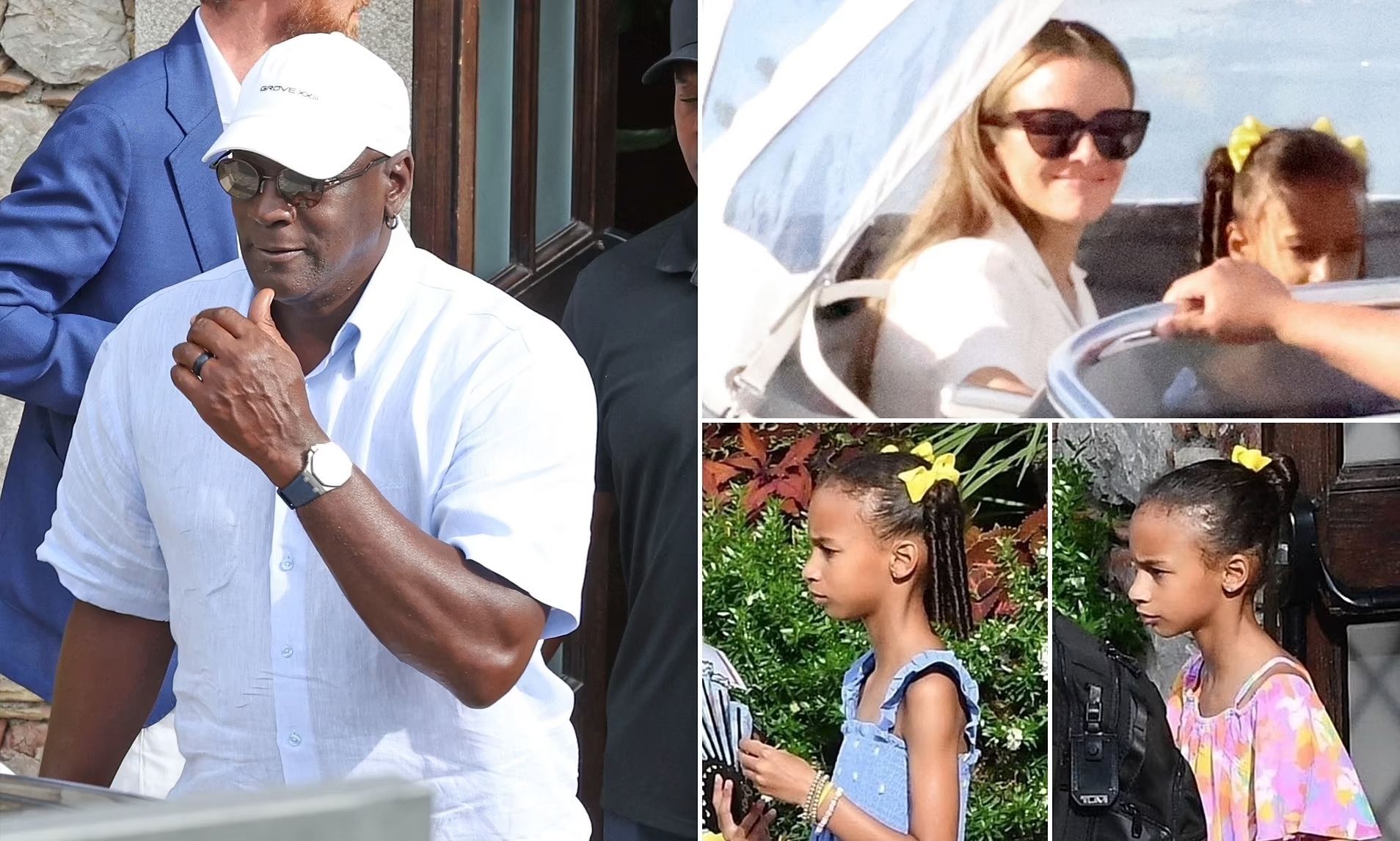 A collage picture of Michael Jordan, his wife Yvette Prieto, and their twin daughters Victoria Jordan and Ysabel Jordan from their rare outing
