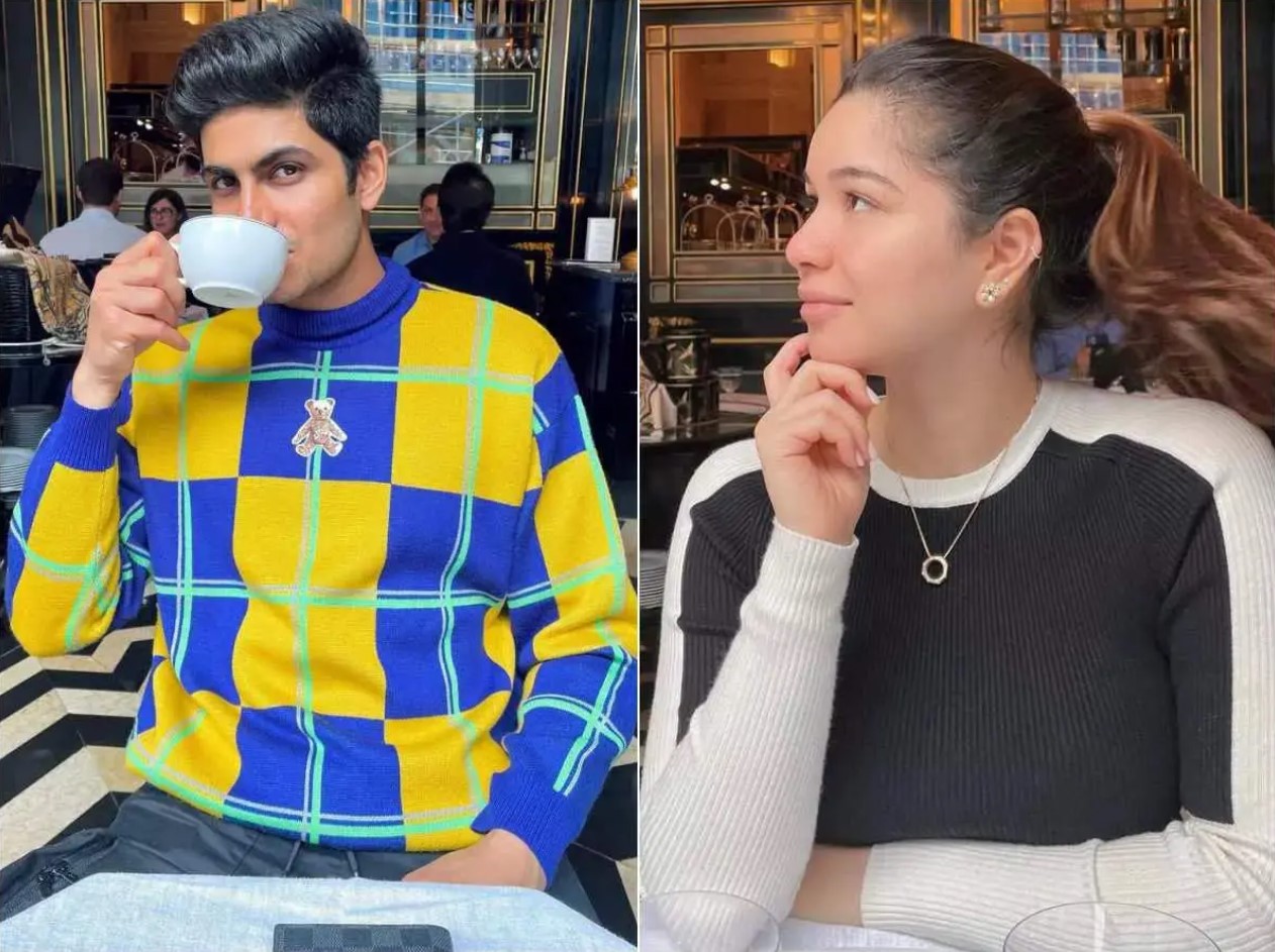A collage picture of Shubman Gill and his rumored girlfriend, Sara Tendulkar, sitting at the same cafe