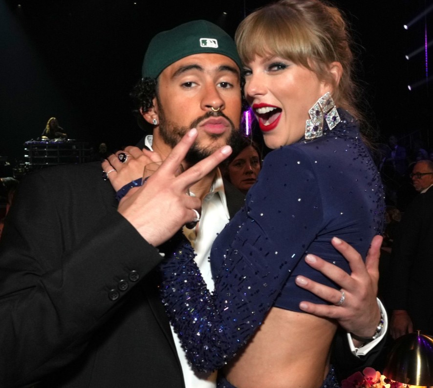 Bad Bunny and Taylor Swift at the 2023 Grammys. 