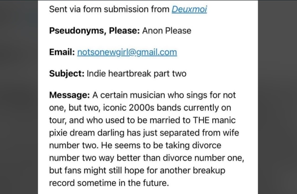 Deuxmoi reported that Ben Gibbard and Rachel Demy have ended their relationship. 