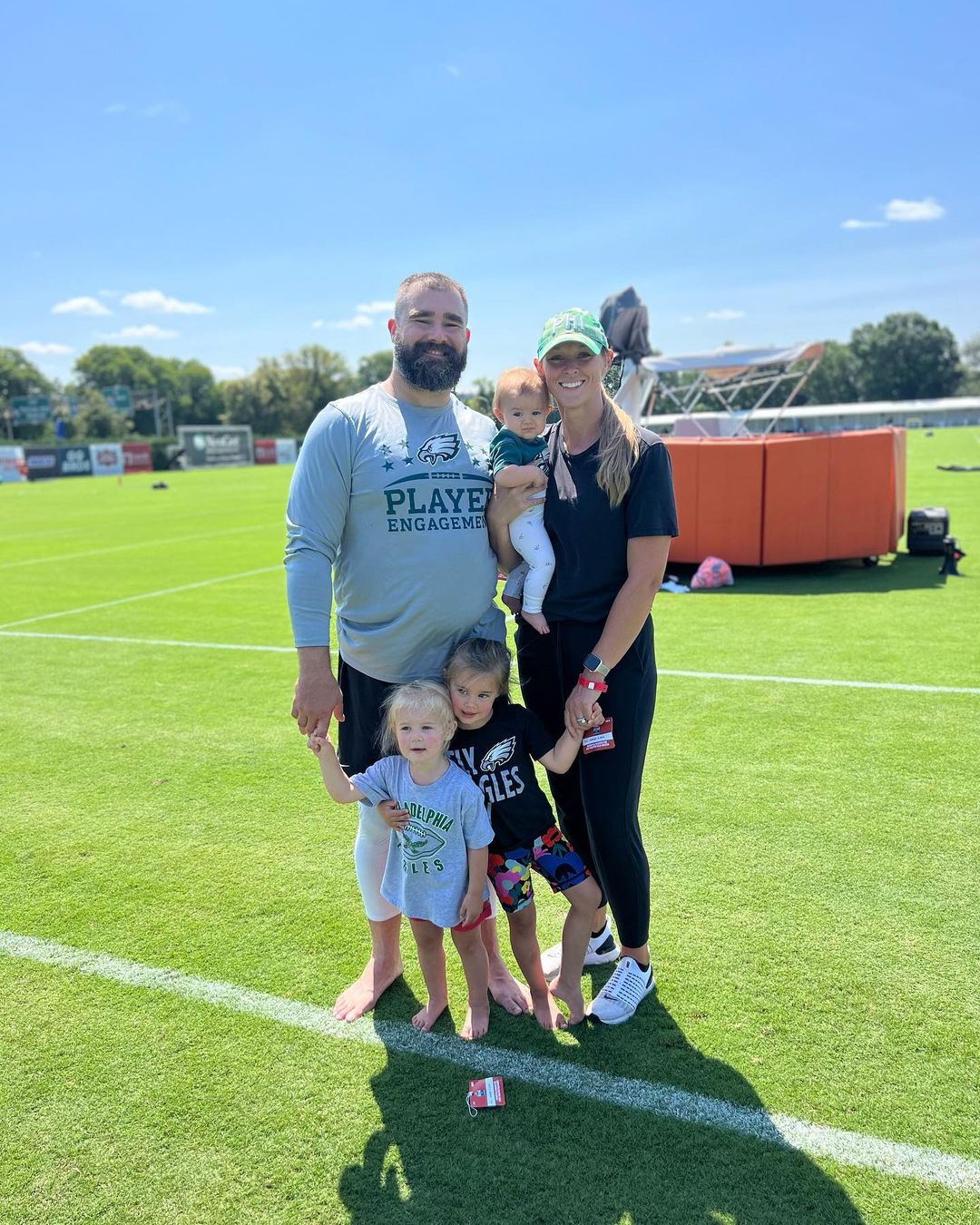 Jason Kelce with his wife, Kylie Kelce, and their kids at the Novacare Eagles Training Complex