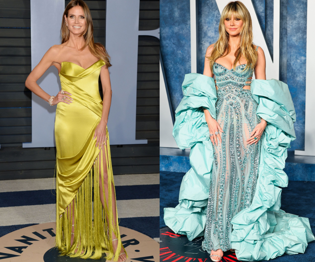 Heidi Klum at the 2018 (left) and 2023 (right) Vanity Fair Oscars. 