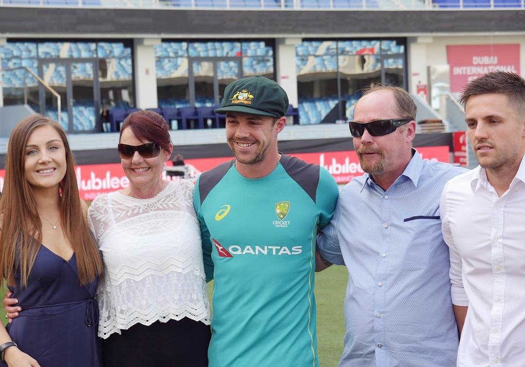 Travis Head with his parents and siblings on the day of his Test Debut