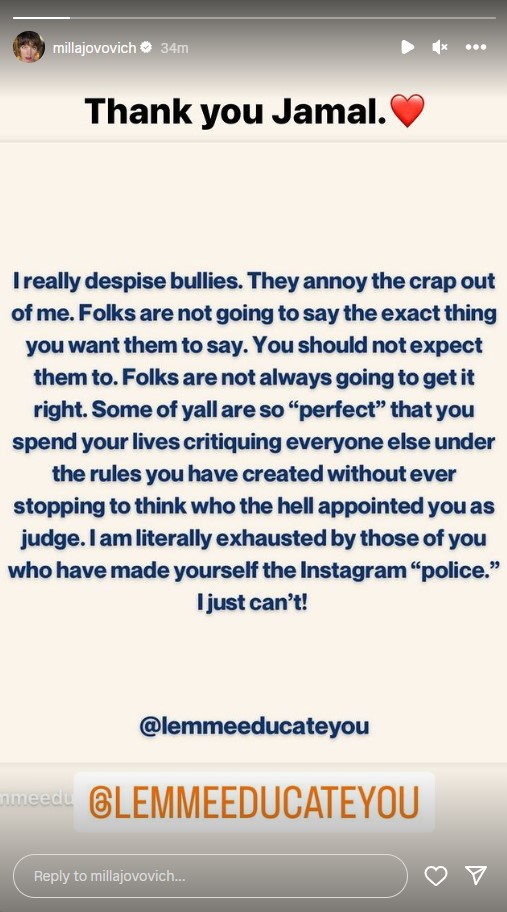Milla Jovovich's Instagram story about despising bullies after deleting her apology post
