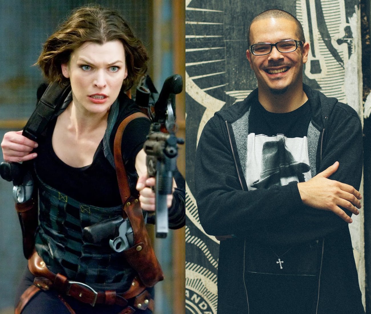 A collage picture of Milla Jovovich in 'Resident Evil' and Shaun King