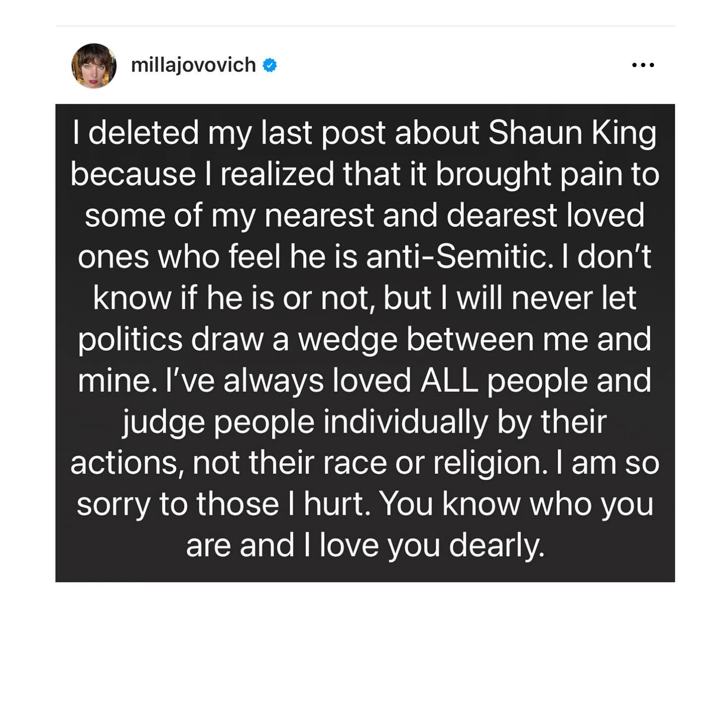 Milla Jovovich's now-deleted apology post after declaring her support for Shaun King